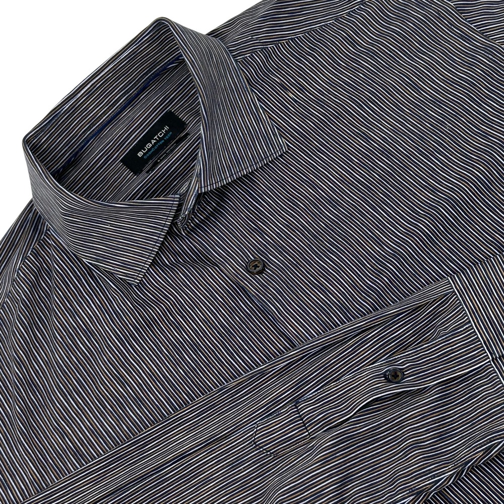 Bugatchi OoohCotton Tech Shirt Mens‎ XL Mocha Brown Striped 8-Way Stretch